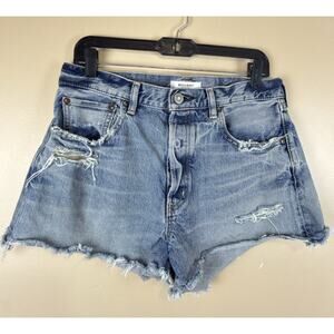 Moussy Vintage Medium Blue Distressed Ripped Jeans Size 28 Raw Hem Made in Japan